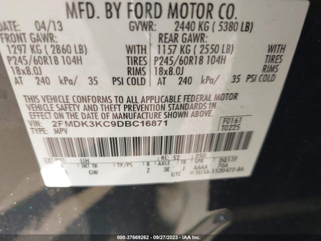2013 FORD EDGE LIMITED VIN: 2FMDK3KC9DBC16871