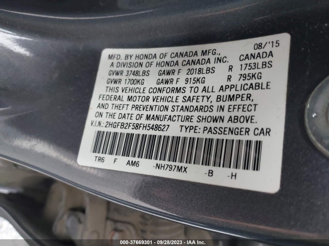 2015 HONDA CIVIC SEDAN LX VIN: 2HGFB2F58FH548627