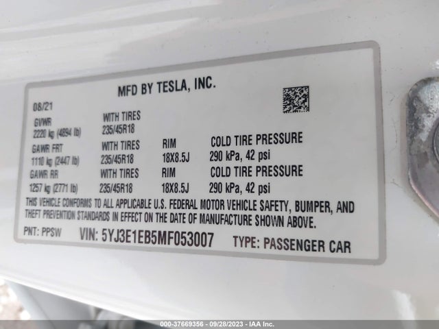 2021 Tesla 3, VIN: 5YJ3E1EB5MF053007