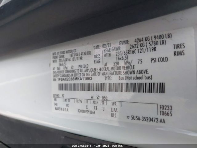1FBAX2C88MKA11663 Ford Transit Passenger Wagon Xl/xlt