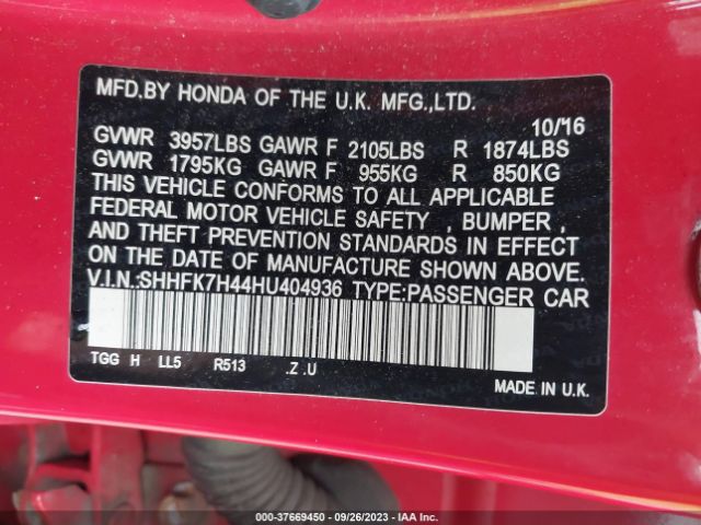 SHHFK7H44HU404936 Honda Civic Hatchback Sport