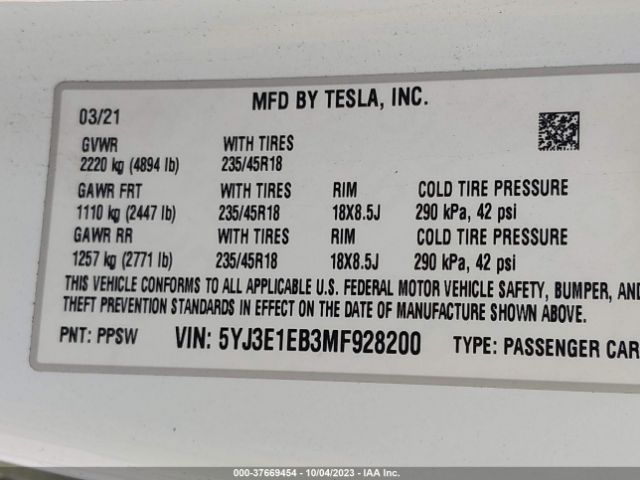 5YJ3E1EB3MF928200 Tesla Model 3 Long Range