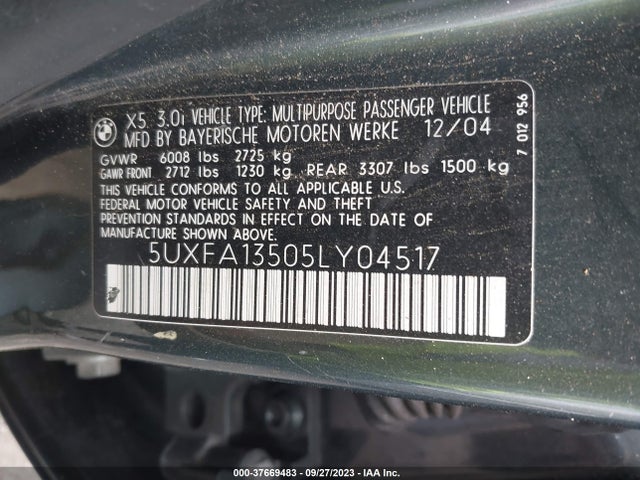 2005 BMW X5 3.0I VIN: 5UXFA13505LY04517