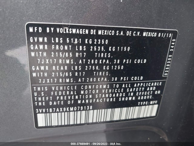 3VV1B7AX9KM079138 Volkswagen TIGUAN S