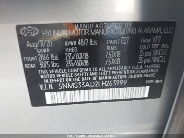 Hyundai Santa Fe Sel 2020 5NMS33AD2LH263999 Image 9