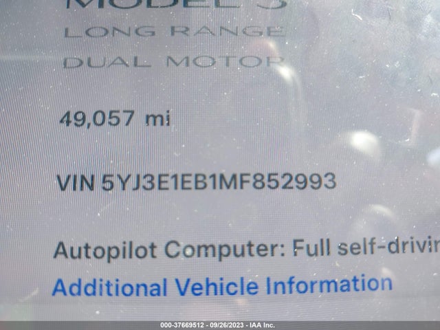 Tesla Model 3 Long Range 2021 5YJ3E1EB1MF852993 Image 9
