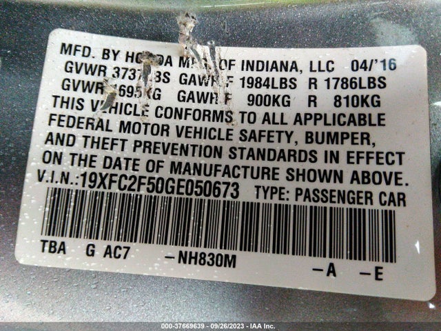 2016 HONDA CIVIC LX VIN: 19XFC2F50GE050673