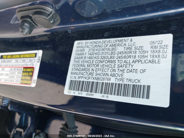 Honda Ridgeline Rtl-e 2022 5FPYK3F7XNB026768 Image 9