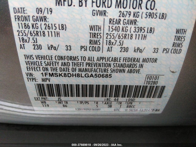 2020 FORD EXPLORER XLT VIN: 1FMSK8DH8LGA50685