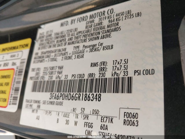Ford FUSION SE 2016 3FA6P0HD6GR186348 Image 9