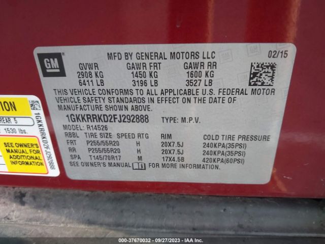 1GKKRRKD2FJ292888 GMC ACADIA SLT