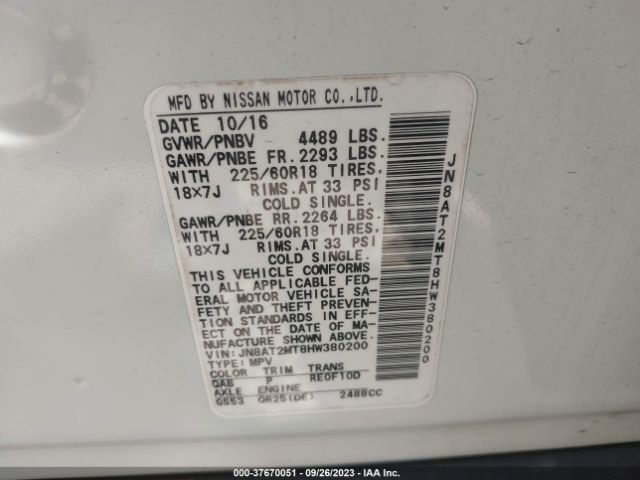 JN8AT2MT8HW380200 Nissan Rogue Sl