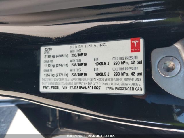 5YJ3E1EA9JF011927 Tesla Model 3 Range Battery