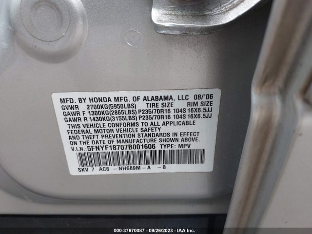 2007 HONDA PILOT EX-L VIN: 5FNYF18707B001606