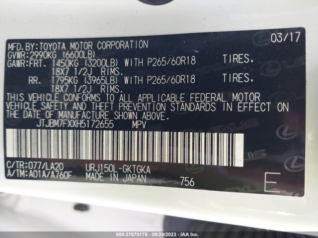 JTJBM7FXXH5172655 Lexus Gx Gx 460
