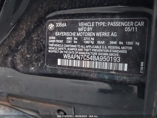 2011 BMW 3 SERIES 335D VIN: WBAPN7C54BA950193
