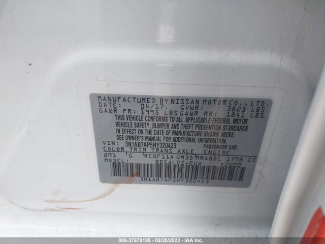 2017 NISSAN SENTRA SV VIN: 3N1AB7AP5HY320423