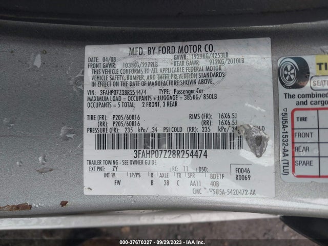 2008 FORD FUSION SE VIN: 3FAHP07Z28R254474