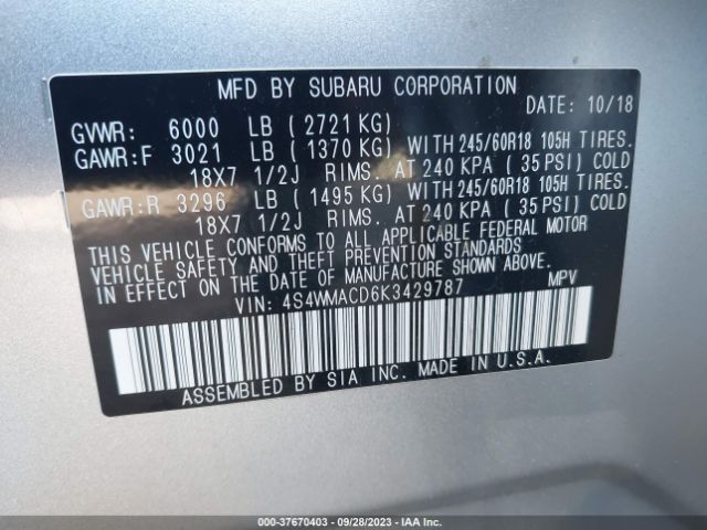 4S4WMACD6K3429787 Subaru Ascent Premium