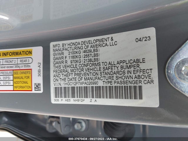 2023 HONDA ACCORD HYBRID SPORT-L VIN: 1HGCY2F7XPA026990
