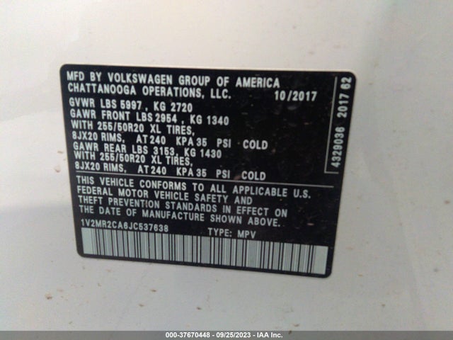 1V2MR2CA6JC537638 Volkswagen Atlas 3.6l V6 Sel