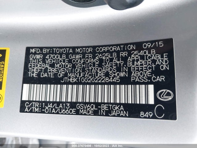 JTHBK1GG2G2228445 Lexus ES 350