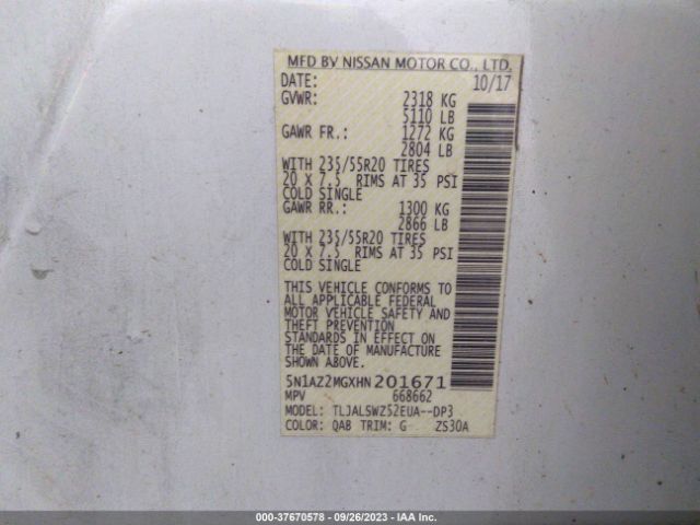 5N1AZ2MGXHN201671 Nissan Murano Platinum
