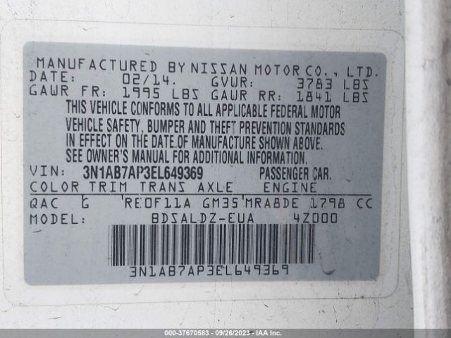 3N1AB7AP3EL649369 Nissan Sentra Fe+ S/fe+ Sv/s/sl/sr/sv