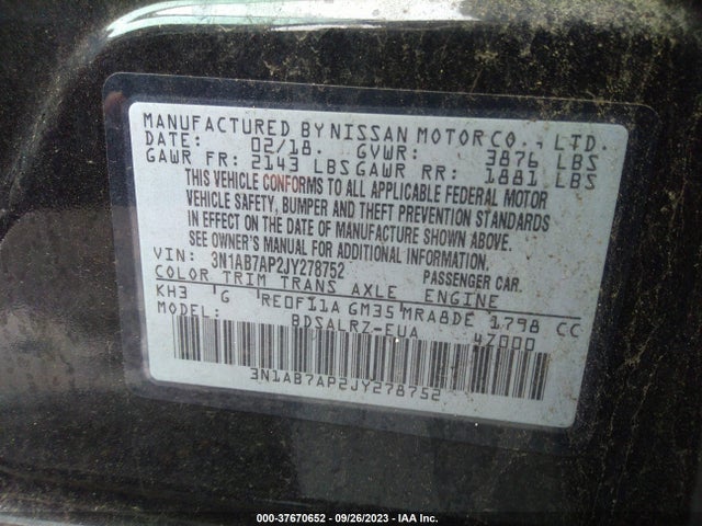 Aukcja sprzedaży 2018 Nissan Sentra Sr, vin: 3N1AB7AP2JY278752, numer aukcji: 37670652