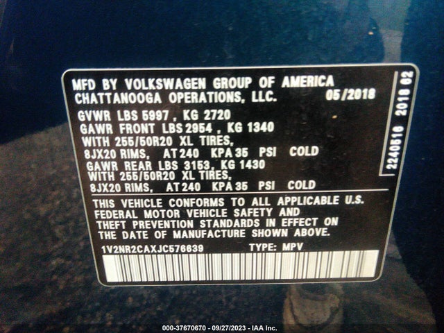 1V2NR2CAXJC576639 Volkswagen Atlas 3.6l V6 Sel Premium