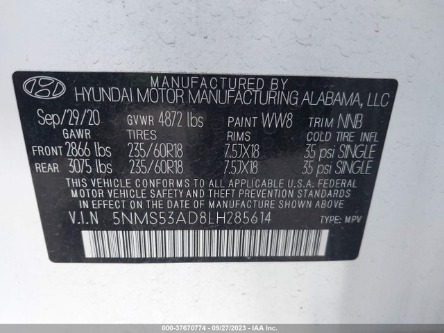 2020 HYUNDAI SANTA FE LIMITED W/SULEV VIN: 5NMS53AD8LH285614