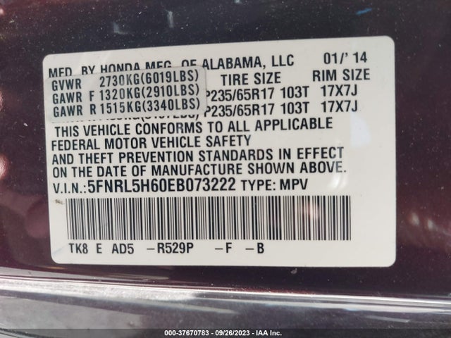 Honda Odyssey Ex-l 2014 5FNRL5H60EB073222 Image 9