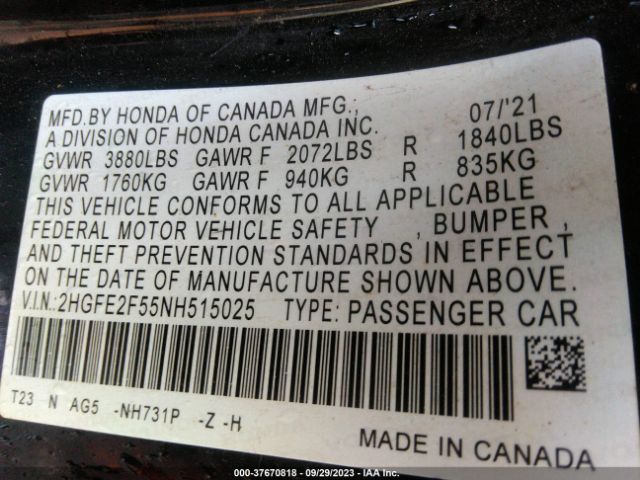 2HGFE2F55NH515025 Honda Civic Sedan Sport