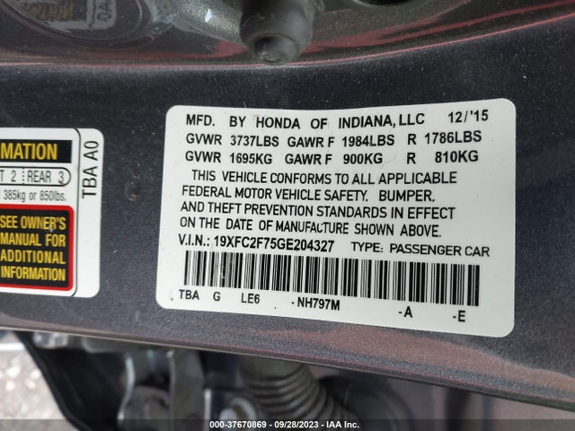 2016 HONDA CIVIC SEDAN EX VIN: 19XFC2F75GE204327
