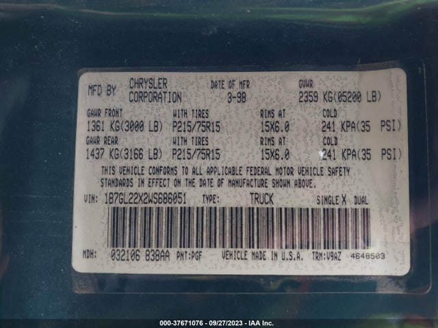 1998 DODGE DAKOTA SLT/SPORT/BASE VIN: 1B7GL22X2WS686051
