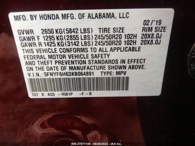 5FNYF6H63KB064891 Honda Pilot Touring 7-passenger