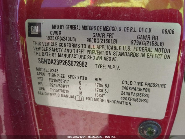 2006 CHEVROLET HHR LT VIN: 3GNDA23P26S672962