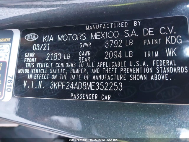 2021 KIA FORTE LXS VIN: 3KPF24AD8ME352253