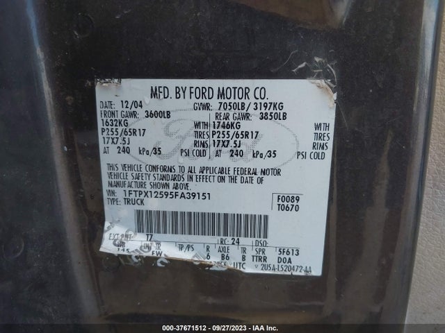2005 FORD F-150 XLT/LARIAT/XL VIN: 1FTPX12595FA39151