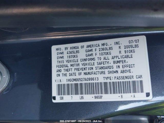 2007 HONDA ACCORD 3.0 EX VIN: 1HGCM66527A099613