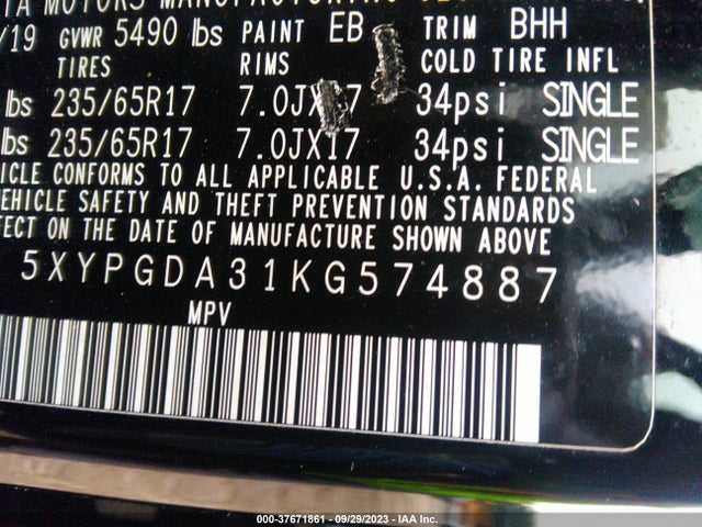 2019 KIA SORENTO 5XYPGDA31KG574887 Photo 8
