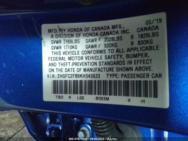 2HGFC2F89KH543633 Honda Civic Sedan Sport