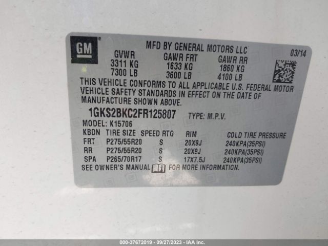 1GKS2BKC2FR125807 GMC YUKON SLT