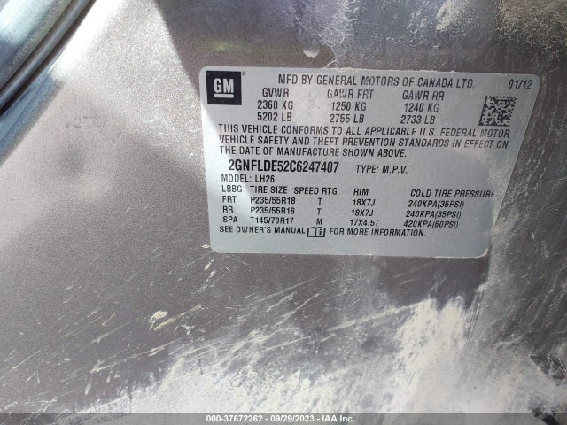 2012 CHEVROLET EQUINOX LT W/1LT VIN: 2GNFLDE52C6247407