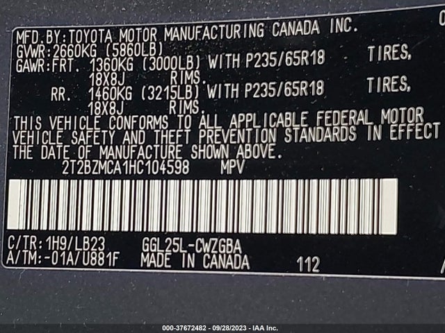 2T2BZMCA1HC104598 Lexus Rx Rx 350