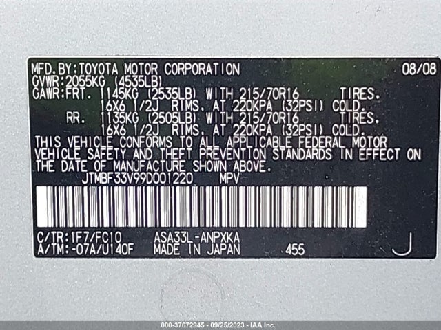 2009 TOYOTA RAV4 VIN: JTMBF33V99D001220