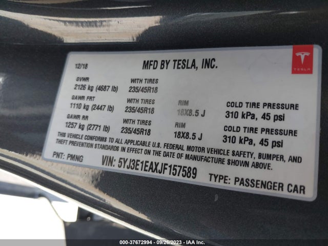 Tesla Model 3 Range Battery 2018 5YJ3E1EAXJF157589 Image 9