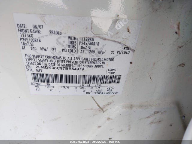 2007 FORD EDGE SEL VIN: 2FMDK38C97BB54979