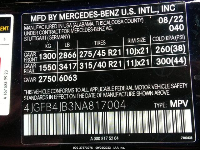 4JGFB4JB3NA817004 Mercedes-Benz Gle Gle 350