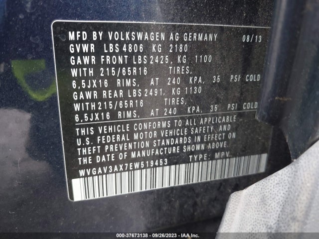 WVGAV3AX7EW519453 Volkswagen TIGUAN S